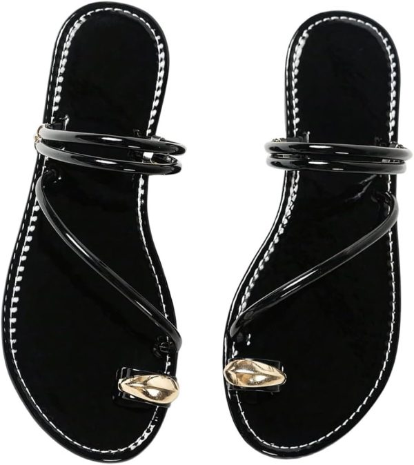 Metallic Open Toe Ring Sandals Summer Strappy Flat Sandals