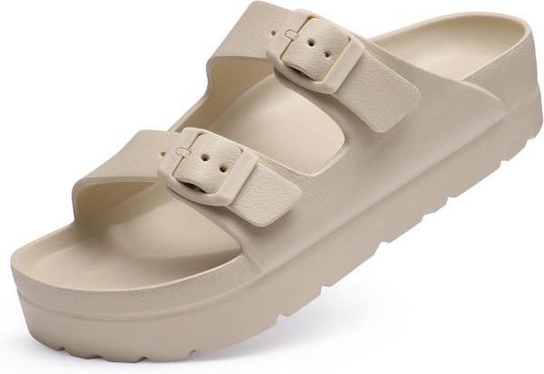 Platform Sandals with Arch Support, Chunky Lightweight Foam Slip on Slides, Comfortable Summer Beach Sandals with Adjustable Buckle