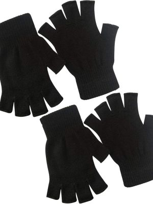 2 Pair Half Finger Gloves Winter Knit Touchscreen Warm Stretchy Mittens Fingerless Gloves in Common Size for Men and Women,black
