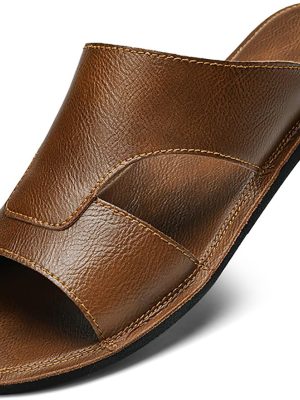 Men's Leather Cutout Slides Sandals Comfortable Lightweight Open Toe Anti-slip Soft bottom Slip On Slippers Summer Outdoor Casual Beach Sandals