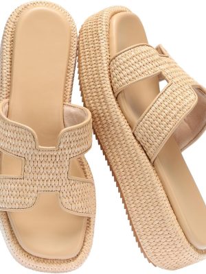 Raffia Platform Sandals for Slip-On Espadrille Wedges Slides, Flatform Woven Straw Summer Vacation Beach Shoes