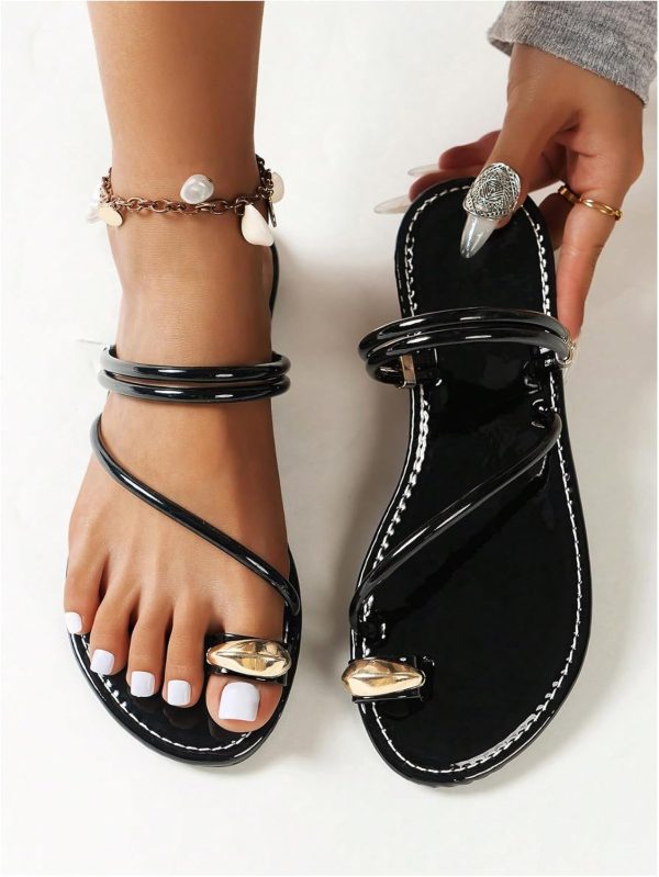 Metallic Open Toe Ring Sandals Summer Strappy Flat Sandals