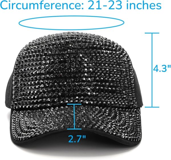 Set of 2 Rhinestone Baseball Caps, Adjustable Snapback Baseball Hat for Women Men, Breathable Sparkle Bling Sun Hat for Sport, Party, Outdoor Activities Black