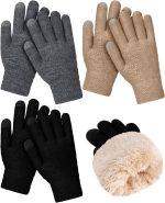 3 Pairs Women Winter Gloves for Cold Weather Fleece Lined Thermal Knit Touch Screen Glove for Running Driving Hiking