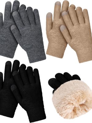 3 Pairs Women Winter Gloves for Cold Weather Fleece Lined Thermal Knit Touch Screen Glove for Running Driving Hiking